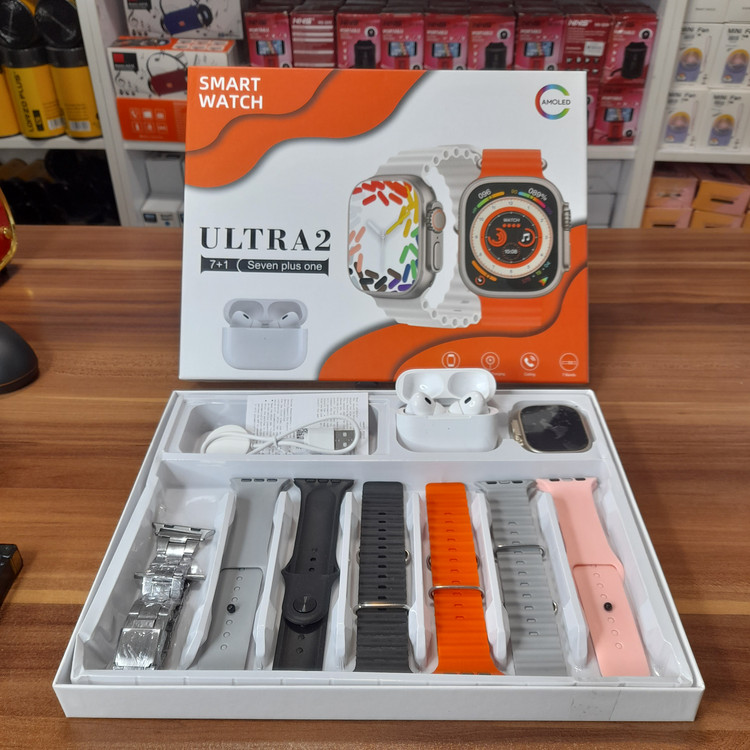 `پک هدیه ساعت هوشمند مدل Ultra 2 به همراه ایرپاد و 7 عدد بند متنوع`