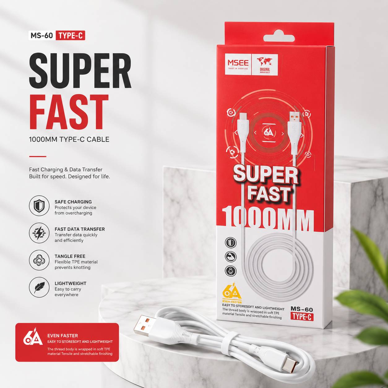 کابل شارژ و انتقال داده Type-C برند MSEE مدل MS-60 سفید رنگ با طول 1 متر و قابلیت شارژ سریع در بسته‌بندی اصلی محصول.