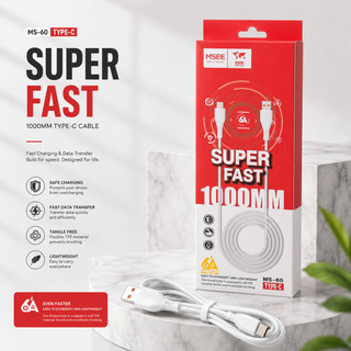 کابل شارژ و انتقال داده Type-C برند MSEE مدل MS-60 سفید رنگ با طول 1 متر و قابلیت شارژ سریع در بستهبندی اصلی محصول.