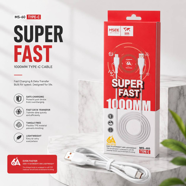 کابل شارژ و انتقال داده Type-C برند MSEE مدل MS-60 سفید رنگ با طول 1 متر و قابلیت شارژ سریع در بستهبندی اصلی محصول.