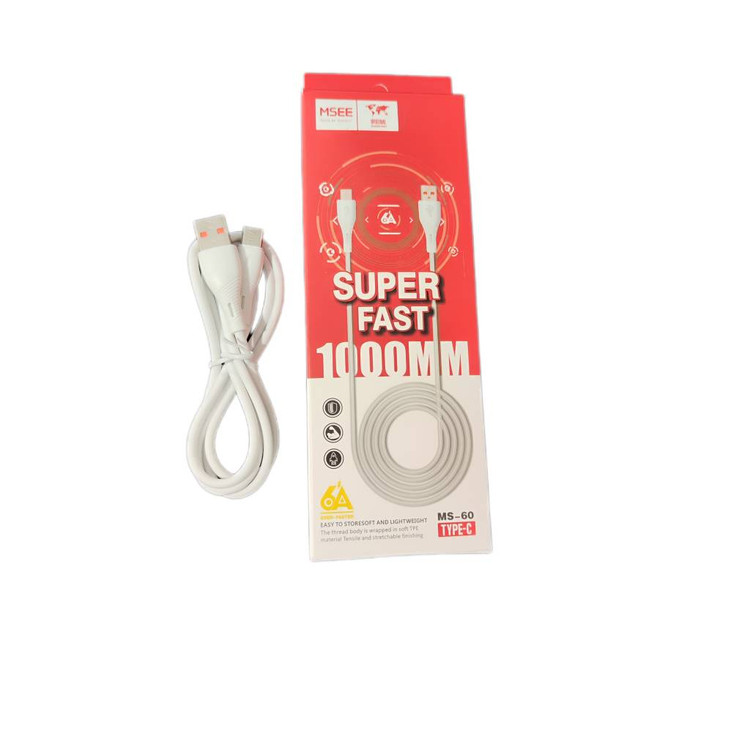 کابل شارژ و انتقال داده Type-C برند MSEE مدل MS-60 سفید رنگ با طول 1 متر و قابلیت شارژ سریع در بستهبندی اصلی محصول.