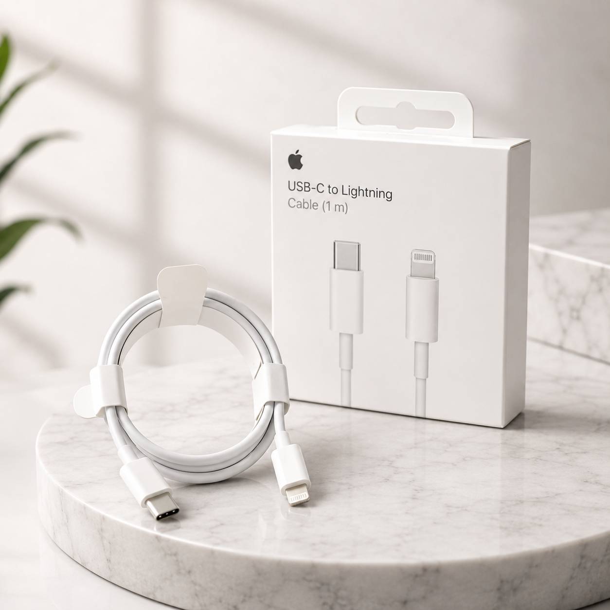 کابل USB-C به Lightning سفید رنگ با طول 1 متر مناسب شارژ و انتقال اطلاعات دستگاه‌های اپل شامل آیفون و آیپد.